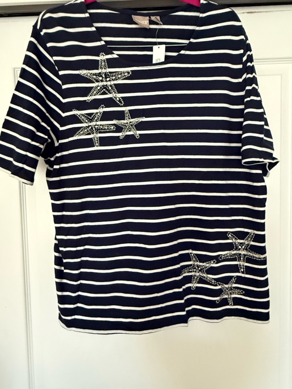 Chico's Navy and White Striped With Seashell Embroidered Top